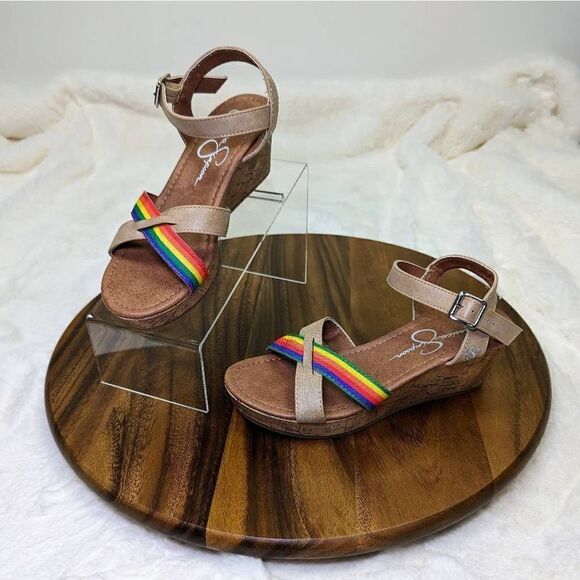 Jessica Simpson Kids Rainbow Strap Buckle Wedges Sandals Brown Size 4 - Picture 1 of 10
